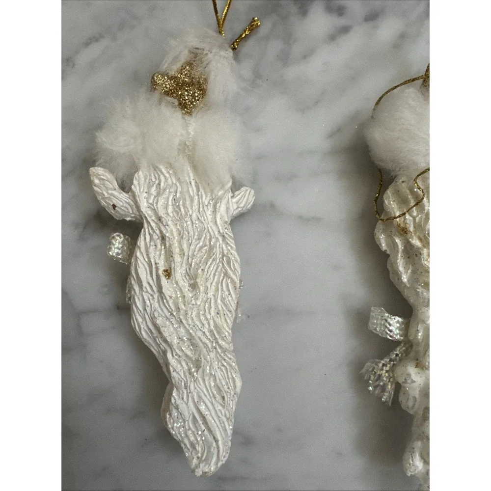 White Glitter Santa Claus Icicle Ornaments Gold Accents Faux Fur Trim Set of 2 - Picture 7 of 8